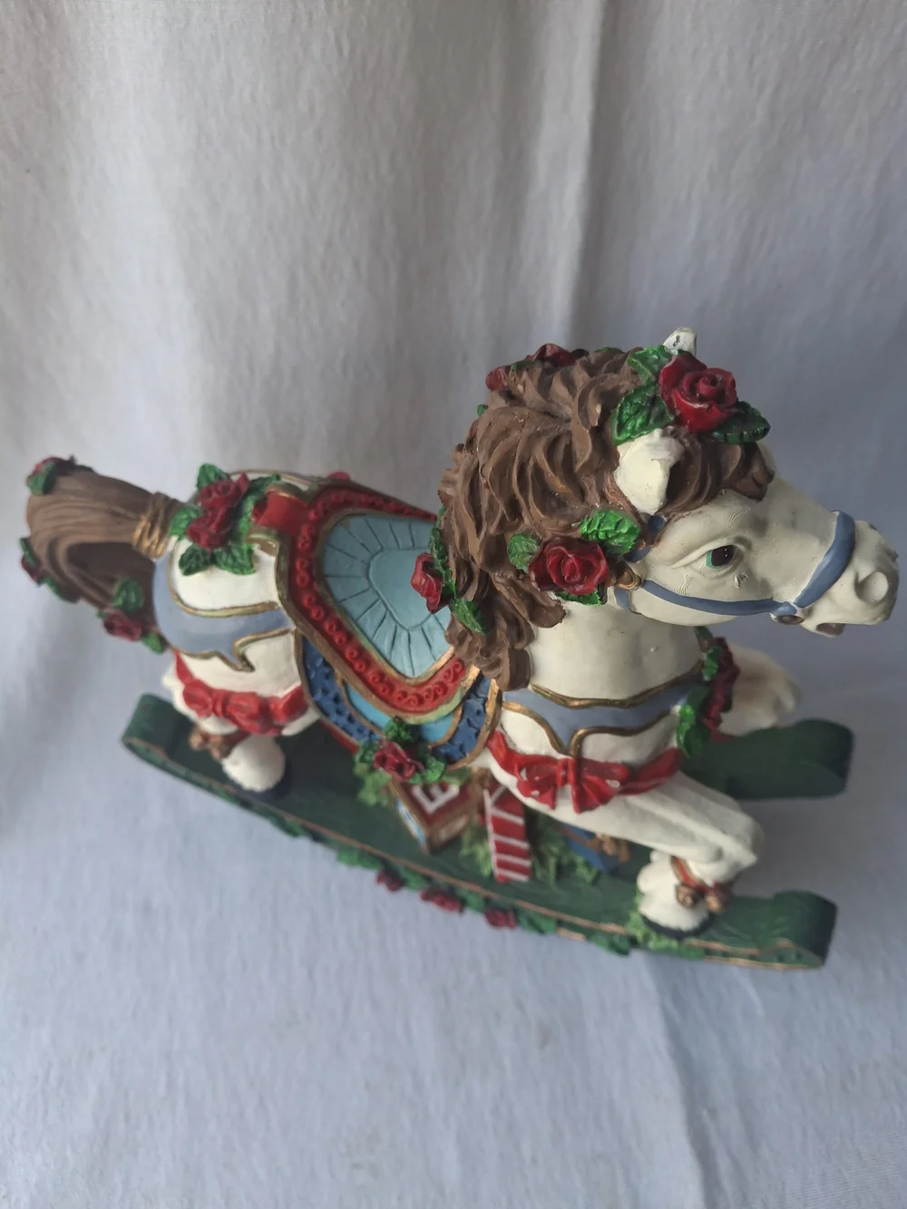 White Decorative Christmas Rocking Horse Figurine with Red Roses